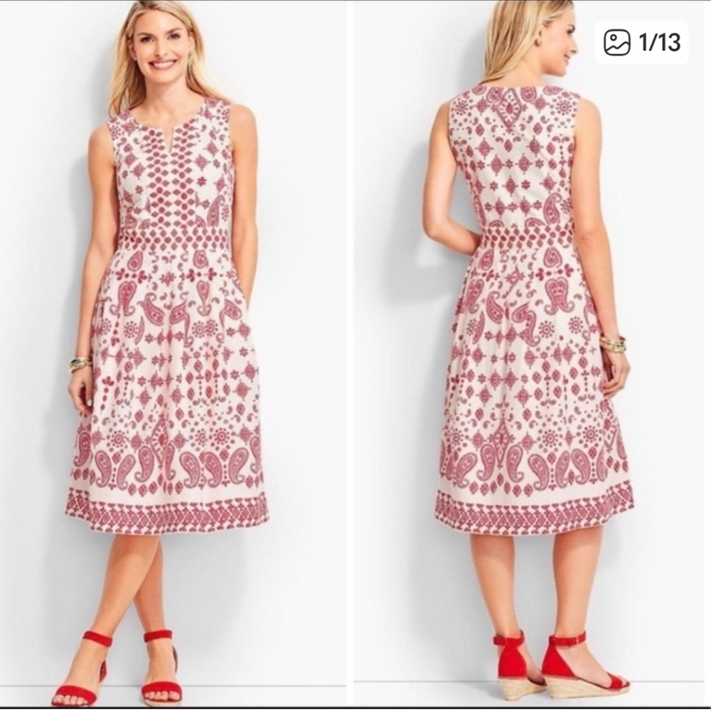 Talbots White Midi Dress with Pink Paisley Print